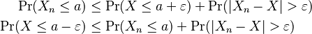 \begin{align}
\operatorname{Pr}(X_n\leq a) &\leq \operatorname{Pr}(X\leq a+\varepsilon) + \operatorname{Pr}(|X_n-X|>\varepsilon) \\
\operatorname{Pr}(X\leq a-\varepsilon)&\leq \operatorname{Pr}(X_n\leq a) + \operatorname{Pr}(|X_n-X|>\varepsilon)
\end{align}