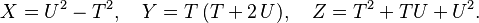 X=U^2-T^2,\quad Y=T\,(T+2\,U),\quad Z=T^2+TU+U^2.