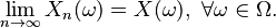 \lim_{n\to\infty}X_n(\omega)=X(\omega), \, \, \forall \omega \in \Omega.