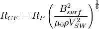 R_{CF}=R_{P} \left( \frac{B_{surf}^2}{\mu_{0} \rho V_{SW}^2} \right) ^{\frac{1}{6}}