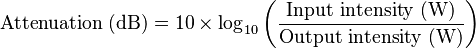 \text{Attenuation (dB)} = 10\times\log_{10}\left(\frac{\text{Input intensity (W)}}{\text{Output intensity (W)}}\right)