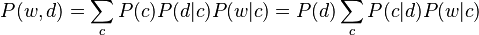 P(w,d) = \sum_c P(c) P(d|c) P(w|c) = P(d) \sum_c P(c|d) P(w|c)