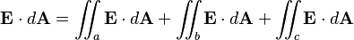 \mathbf{E} \cdot d\mathbf{A} = \int\!\!\!\!\int_a \mathbf{E} \cdot d\mathbf{A} + \int\!\!\!\!\int_b\mathbf{E} \cdot d\mathbf{A} + \int\!\!\!\!\int_c\mathbf{E} \cdot d\mathbf{A} 