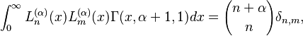 \int_0^{\infty} L_n^{(\alpha)}(x)L_m^{(\alpha)}(x)\Gamma(x,\alpha+1,1) dx={n+ \alpha \choose n}\delta_{n,m},