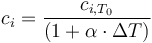 c_i = \frac {{c_{i,T_0}}}{{(1 + \alpha \cdot \Delta T)}}