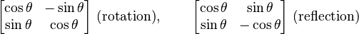 
\begin{bmatrix}
\cos \theta & -\sin \theta \\
\sin \theta & \cos \theta \\
\end{bmatrix}\text{ (rotation), }\qquad
\begin{bmatrix}
\cos \theta & \sin \theta \\
\sin \theta & -\cos \theta \\
\end{bmatrix}\text{ (reflection)}
