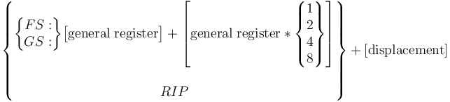 
\begin{Bmatrix}
\begin{Bmatrix}FS:\\GS:\end{Bmatrix}
\begin{bmatrix}{\rm general\;register}\end{bmatrix} +
\begin{bmatrix}{\rm general\;register}*\begin{Bmatrix}1\\2\\4\\8\end{Bmatrix}\end{bmatrix}\\\\
RIP
\end{Bmatrix} +
\rm [displacement]
