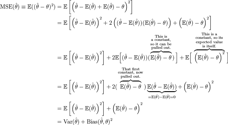 \begin{align}\operatorname{MSE}(\hat{\theta})\equiv \mathbb{E}((\hat{\theta}-\theta)^2)&=
 \mathbb{E}\left[\left(\hat{\theta}-\mathbb{E}(\hat\theta)+\mathbb{E}(\hat\theta)-\theta\right)^2\right]
\\ & =
\mathbb{E}\left[\left(\hat{\theta}-\mathbb{E}(\hat\theta)\right)^2 +2\left((\hat{\theta}-\mathbb{E}(\hat\theta))(\mathbb{E}(\hat\theta)-\theta)\right)+\left( \mathbb{E}(\hat\theta)-\theta \right)^2\right]
\\ & = \mathbb{E}\left[\left(\hat{\theta}-\mathbb{E}(\hat\theta)\right)^2\right]+2\mathbb{E}\Big[(\hat{\theta}-\mathbb{E}(\hat\theta))(\overbrace{\mathbb{E}(\hat\theta)-\theta}^{\begin{smallmatrix} \text{This is} \\  \text{a constant,} \\ \text{so it can be} \\  \text{pulled out.} \end{smallmatrix}}) \,\Big] + \mathbb{E}\Big[\,\overbrace{\left(\mathbb{E}(\hat\theta)-\theta\right)^2}^{\begin{smallmatrix} \text{This is a} \\  \text{constant, so its} \\  \text{expected value} \\  \text{is itself.} \end{smallmatrix}}\,\Big]
\\ & = \mathbb{E}\left[\left(\hat{\theta}-\mathbb{E}(\hat\theta)\right)^2\right]+2(\overbrace{\mathbb{E}(\hat\theta)-\theta}^{\begin{smallmatrix} \text{That first} \\  \text{constant, now} \\ \text{pulled out.} \end{smallmatrix}})\underbrace{\mathbb{E}(\hat{\theta}-\mathbb{E}(\hat\theta))}_{=\mathbb{E}(\hat\theta)-\mathbb{E}(\hat\theta)=0}+\left(\mathbb{E}(\hat\theta)-\theta\right)^2
\\ & = \mathbb{E}\left[\left(\hat{\theta}-\mathbb{E}(\hat\theta)\right)^2\right]+\left(\mathbb{E}(\hat\theta)-\theta\right)^2
\\ & = \operatorname{Var}(\hat\theta)+ \operatorname{Bias}(\hat\theta,\theta)^2
\end{align}