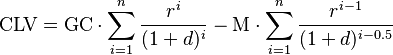 \text{CLV}  = \text{GC} \cdot \sum_{i=1}^n \frac{r^i}{(1+d)^i} - \text{M} \cdot \sum_{i=1}^n \frac{r^{i-1}}{(1+d)^{i-0.5}}