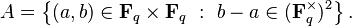 A = \left \{(a,b)\in \mathbf{F}_q\times\mathbf{F}_q \ : \ b-a\in (\mathbf{F}_q^{\times})^2 \right \}.