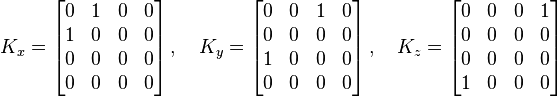 K_x = \begin{bmatrix}
    0 & 1 & 0 & 0 \\
    1 & 0 & 0 & 0 \\
    0 & 0 & 0 & 0 \\
    0 & 0 & 0 & 0 \\
  \end{bmatrix}\,,\quad K_y = \begin{bmatrix}
    0 & 0 & 1 & 0\\
    0 & 0 & 0 & 0\\
    1 & 0 & 0 & 0\\
    0 & 0 & 0 & 0
  \end{bmatrix}\,,\quad K_z = \begin{bmatrix}
    0 & 0 & 0 & 1\\
    0 & 0 & 0 & 0\\
    0 & 0 & 0 & 0\\
    1 & 0 & 0 & 0
  \end{bmatrix}
