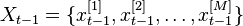 X_{t-1} = \lbrace x_{t-1}^{[1]}, x_{t-1}^{[2]}, \ldots, x_{t-1}^{[M]} \rbrace