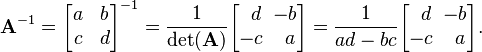 \mathbf{A}^{-1} = \begin{bmatrix}
a & b \\ c & d \\ 
\end{bmatrix}^{-1} =
\frac{1}{\det(\mathbf{A})} \begin{bmatrix}
\,\,\,d & \!\!-b \\ -c & \,a \\ 
\end{bmatrix} =
\frac{1}{ad - bc} \begin{bmatrix}
\,\,\,d & \!\!-b \\ -c & \,a \\ 
\end{bmatrix}.