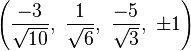 \left(\frac{-3}{\sqrt{10}},\ \frac{1}{\sqrt{6}},\   \frac{-5}{\sqrt{3}},\ \pm1\right)