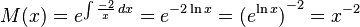 M(x)=e^{\int \frac{-2}{x}\,dx} = e^{-2 \ln x} = {(e^{\ln x})}^{-2} = x^{-2} 