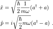 \begin{align}
  \hat x &=  \sqrt{\frac{\hbar}{2}\frac{1}{m\omega}}(a^\dagger + a) \\
  \hat p &= i\sqrt{\frac{\hbar}{2}m\omega}(a^\dagger - a) ~.
\end{align}