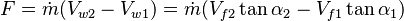 
F= \dot{m} ( V_{w2} - V_{w1} )= \dot{m} (V_{f2}\tan\alpha_2 - V_{f1}\tan\alpha_1)\,
