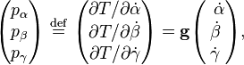 
\begin{pmatrix}
p_\alpha \\
p_\beta \\
p_\gamma \\
\end{pmatrix}
\ \stackrel{\mathrm{def}}{=}\  
\begin{pmatrix}
\partial T/{\partial \dot{\alpha}}\\ 
\partial T/{\partial \dot{\beta}} \\
\partial T/{\partial \dot{\gamma}} \\
\end{pmatrix}
= \mathbf{g} 
\begin{pmatrix} \; \,
\dot{\alpha} \\ \dot{\beta} \\ \dot{\gamma}\\
\end{pmatrix},
