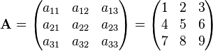 
\mathbf{A} = \begin{pmatrix}
a_{11} & a_{12} & a_{13} \\
a_{21} & a_{22} & a_{23} \\
a_{31} & a_{32} & a_{33}
\end{pmatrix}
= \begin{pmatrix}
1 & 2 & 3 \\
4 & 5 & 6 \\
7 & 8 & 9
\end{pmatrix}