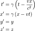 \begin{align}
  t' &= \gamma \left( t - \frac{v x}{c^2} \right)  \\ 
  x' &= \gamma \left( x - v t \right)\\
  y' &= y \\ 
  z' &= z
\end{align}