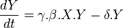 \frac{dY}{dt} = \gamma . \beta . X . Y - \delta . Y