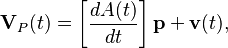 
\mathbf{V}_P(t) = \left[\frac{dA(t)}{dt}\right]\mathbf{p} + \mathbf{v}(t),
