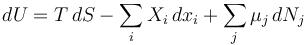 dU = T \, dS - \sum_i X_i \, dx_{i} + \sum_j \mu_j \, dN_j\,