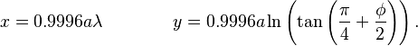 x = 0.9996a\lambda \qquad\qquad y  = 0.9996a\ln \left(\tan \left(\frac{\pi}{4} + \frac{\phi}{2} \right) \right).