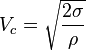 V_c = \sqrt{\frac{2\sigma}{\rho}}