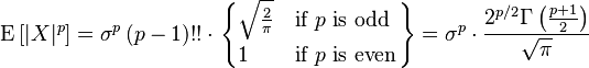 
    \operatorname{E}\left[|X|^p\right] =
      \sigma^p\,(p-1)!! \cdot \left.\begin{cases}
        \sqrt{\frac{2}{\pi}} & \text{if }p\text{ is odd} \\
        1 & \text{if }p\text{ is even}
      \end{cases}\right\}
    = \sigma^p \cdot \frac{2^{p/2}\Gamma\left(\frac{p+1} 2 \right)}{\sqrt\pi}
  