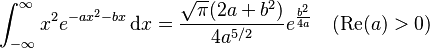 \int_{-\infty}^{\infty} x^2 e^{-ax^2-bx}\,\mathrm{d}x=\frac{\sqrt{\pi}(2a+b^2)}{4a^{5/2}} e^{\frac{b^2}{4a}} \quad (\operatorname{Re}(a)>0)