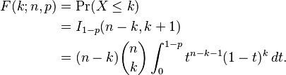 \begin{align}
F(k;n,p) & = \Pr(X \le k) \\
&= I_{1-p}(n-k, k+1) \\
& = (n-k) {n \choose k} \int_0^{1-p} t^{n-k-1} (1-t)^k \, dt.
\end{align}