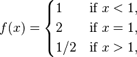 f(x) = \begin{cases}
               1   & \mbox{if } x < 1,\\
               2   & \mbox{if } x = 1,\\
               1/2 & \mbox{if } x > 1,
               \end{cases} 