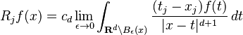 R_jf(x) = c_d\lim_{\epsilon\to 0}\int_{\mathbf{R}^d\backslash B_\epsilon(x)}\frac{(t_j-x_j)f(t)}{|x-t|^{d+1}}\,dt