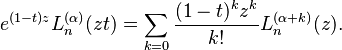 e^{(1-t)z} L_n^{(\alpha)}(z t)=\sum_{k=0} \frac{(1-t)^k z^k}{k!}L_n^{(\alpha+k)}(z).