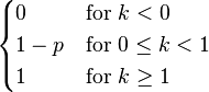 
    \begin{cases}
    0 & \text{for }k<0 \\ 1 - p & \text{for }0\leq k<1 \\ 1 & \text{for }k\geq 1
    \end{cases}
    