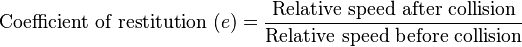 \text{Coefficient  of  restitution } (e) = \frac{\text{Relative  speed  after  collision}}{\text{Relative  speed  before  collision}}