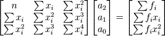 
\begin{bmatrix}
     n             &     \sum x_i       &     \sum x_i^2  \\ 
     \sum x_i      &     \sum x_i^2     &     \sum x_i^3  \\
     \sum x_i^2    &     \sum x_i^3     &     \sum x_i^4  
\end{bmatrix}

\begin{bmatrix}
     a_2      \\ 
     a_1      \\
     a_0   
\end{bmatrix}
=
\begin{bmatrix}
     \sum f_i       \\ 
     \sum f_i x_i   \\
     \sum f_i x_i^2
\end{bmatrix}
