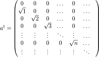 {a}^{\dagger}=\begin{pmatrix}           
0 & 0 & 0 & \dots & 0 &\dots \\
\sqrt{1} & 0 & 0 & \dots & 0 & \dots\\
0 & \sqrt{2} & 0 & \dots & 0 & \dots\\
0 & 0 & \sqrt{3} & \dots & 0 & \dots\\
\vdots & \vdots & \vdots & \ddots  & \vdots  & \dots\\
0 & 0 & 0 & 0 & \sqrt{n} &\dots &  \\
\vdots & \vdots & \vdots & \vdots & \vdots  &\ddots \end{pmatrix}
