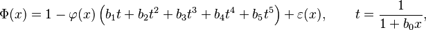 
    \Phi(x) = 1 - \varphi(x)\left(b_1t + b_2t^2 + b_3t^3 + b_4t^4 + b_5t^5\right) + \varepsilon(x), \qquad t = \frac{1}{1+b_0x},
  