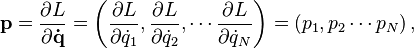 \mathbf{p} = \frac{\partial L}{\partial \mathbf{\dot{q}}} = \left(\frac{\partial L}{\partial \dot{q}_1},\frac{\partial L}{\partial \dot{q}_2},\cdots \frac{\partial L}{\partial \dot{q}_N}\right) = (p_1, p_2\cdots p_N)\,,