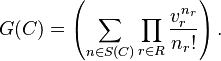 G(C) = \left( \sum_{n \in S(C)} \prod_{r \in R} \frac{v_r^{n_r}}{n_r!} \right).