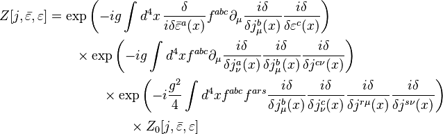 \begin{align}
Z[j,\bar\varepsilon,\varepsilon] &= \exp\left(-ig\int d^4x \, \frac{\delta}{i\delta\bar\varepsilon^a(x)} f^{abc}\partial_\mu\frac{i\delta}{\delta j^b_\mu(x)} \frac{i\delta}{\delta\varepsilon^c(x)}\right)\\
& \qquad \times \exp\left(-ig\int d^4xf^{abc}\partial_\mu\frac{i\delta}{\delta j^a_\nu(x)}\frac{i\delta}{\delta j^b_\mu(x)}\frac{i\delta}{\delta j^{c\nu}(x)}\right)\\
& \qquad \qquad \times \exp\left(-i\frac{g^2}{4}\int d^4xf^{abc}f^{ars}\frac{i\delta}{\delta j^b_\mu(x)} \frac{i\delta}{\delta j^c_\nu(x)} \frac{i\delta}{\delta j^{r\mu}(x)} \frac{i\delta}{\delta j^{s\nu}(x)}\right) \\
& \qquad \qquad \qquad \times Z_0[j,\bar\varepsilon,\varepsilon]
\end{align}