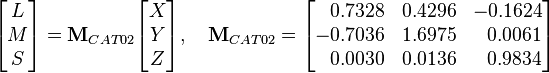 
  \begin{bmatrix}
    L\\
    M\\
    S
  \end{bmatrix}
  =
  \mathbf{M}_{CAT02}
  \begin{bmatrix}
    X\\
    Y\\
    Z
  \end{bmatrix},\quad
  \mathbf{M}_{CAT02}
  =
  \begin{bmatrix}
     \;\;\,0.7328 & 0.4296 & -0.1624\\
    -0.7036 & 1.6975 &  \;\;\,0.0061\\
     \;\;\,0.0030 & 0.0136 &  \;\;\,0.9834
  \end{bmatrix}
