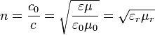  n = \frac{c_0}{c} = \sqrt{\frac{\varepsilon \mu}{\varepsilon_0 \mu_0}} = \sqrt{\varepsilon_r \mu_r} \,