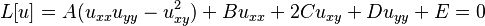 L[u] = A(u_{xx}u_{yy}-u_{xy}^2)+Bu_{xx}+2Cu_{xy}+Du_{yy}+E = 0\,