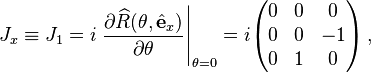  J_x \equiv J_1 = i\left.\frac{\partial \widehat{R}(\theta,\hat{\mathbf{e}}_x)}{\partial \theta}\right|_{\theta = 0} = i\begin{pmatrix}
0 & 0 & 0 \\
0 & 0 & -1 \\
0 & 1 & 0 \\
\end{pmatrix} \,, 