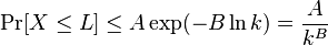 
\Pr[X\leq L] \leq A \exp (-B \ln{k}) = \frac{A}{k^B}
