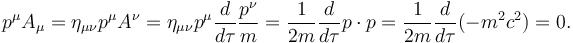 p^{\mu} A_\mu = \eta_{\mu\nu} p^{\mu} A^\nu = \eta_{\mu\nu} p^\mu \frac{d}{d\tau} \frac{p^{\nu}}{m} = \frac{1}{2m} \frac{d}{d\tau} p \cdot p = \frac{1}{2m} \frac{d}{d\tau} (-m^2c^2) = 0 .