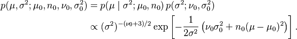 \begin{align}
p(\mu,\sigma^2; \mu_0, n_0, \nu_0,\sigma_0^2) &= p(\mu\mid\sigma^2; \mu_0, n_0)\,p(\sigma^2; \nu_0,\sigma_0^2) \\
&\propto (\sigma^2)^{-(\nu_0+3)/2} \exp\left[-\frac 1 {2\sigma^2}\left(\nu_0\sigma_0^2 + n_0(\mu-\mu_0)^2\right)\right].
\end{align}